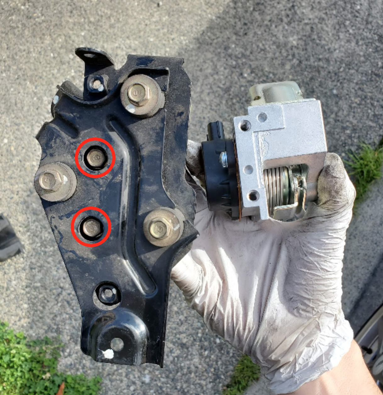 Old sensor still attached to bracket with bolts circled