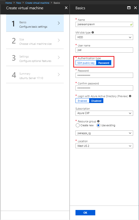 Step 1 of the ‘Create virtual machine’ blade.